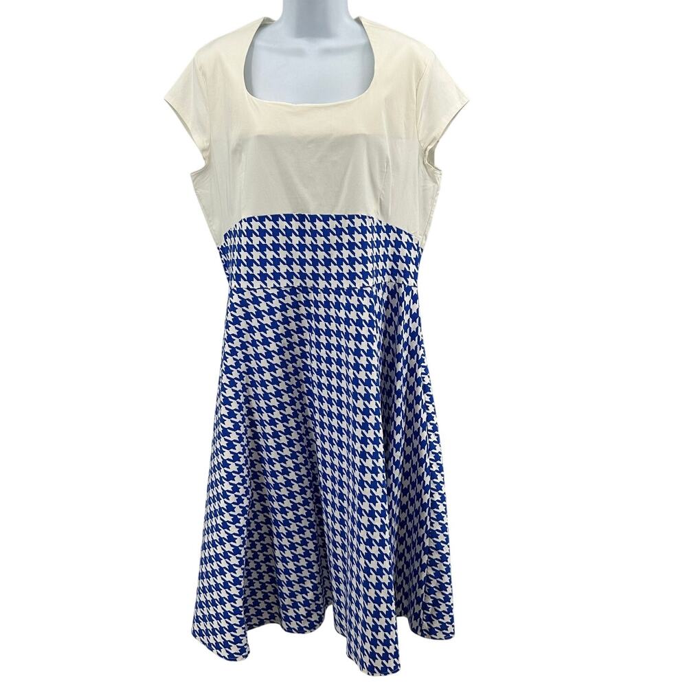 Gown Town Dress WMNS 2XL Blue/White Retro 50s Houndstooth Fit & Flare Midi